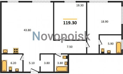 Двухкомнатная квартира 119.3 м²